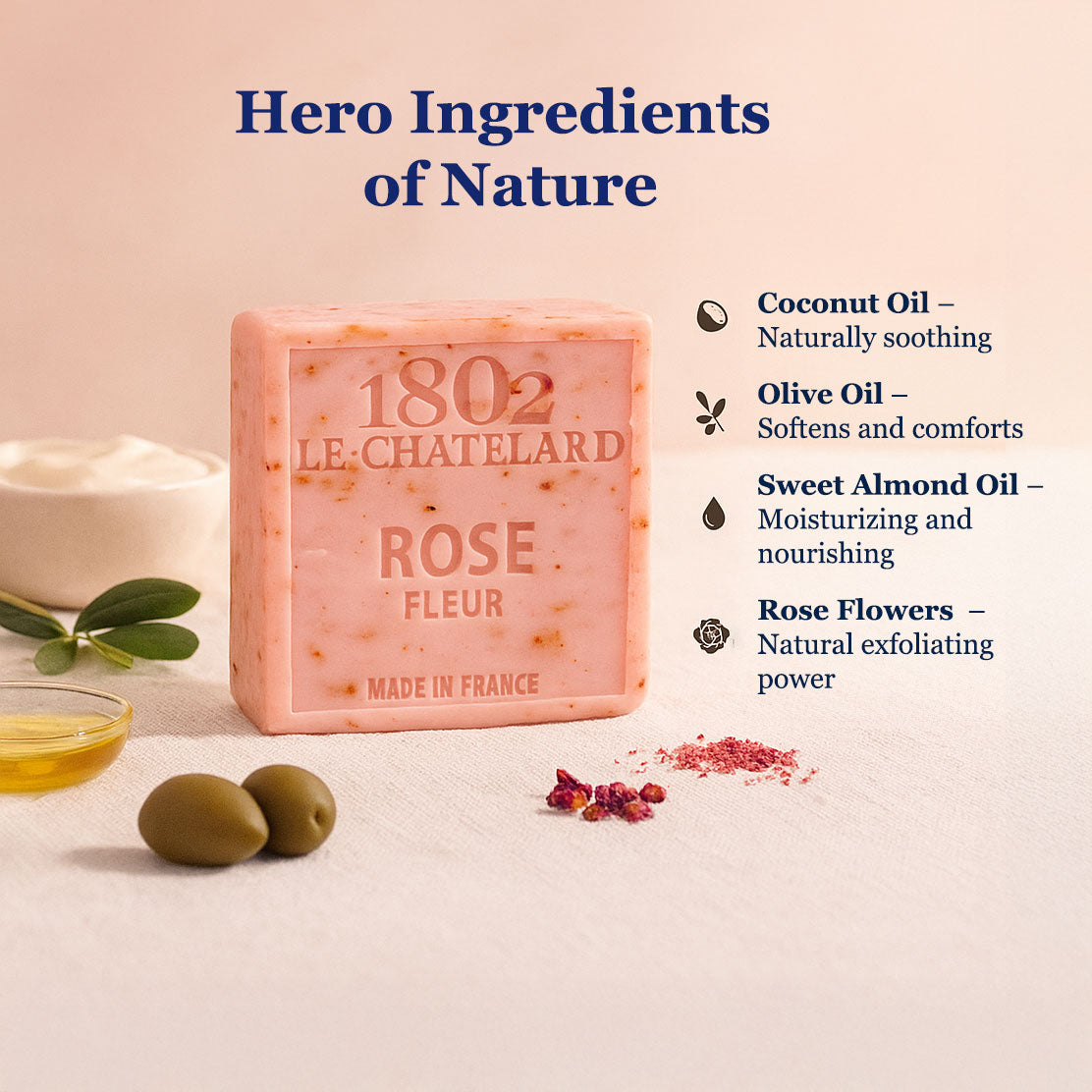 1802 Le Chatelard rose soap with ingredients listed on a light background