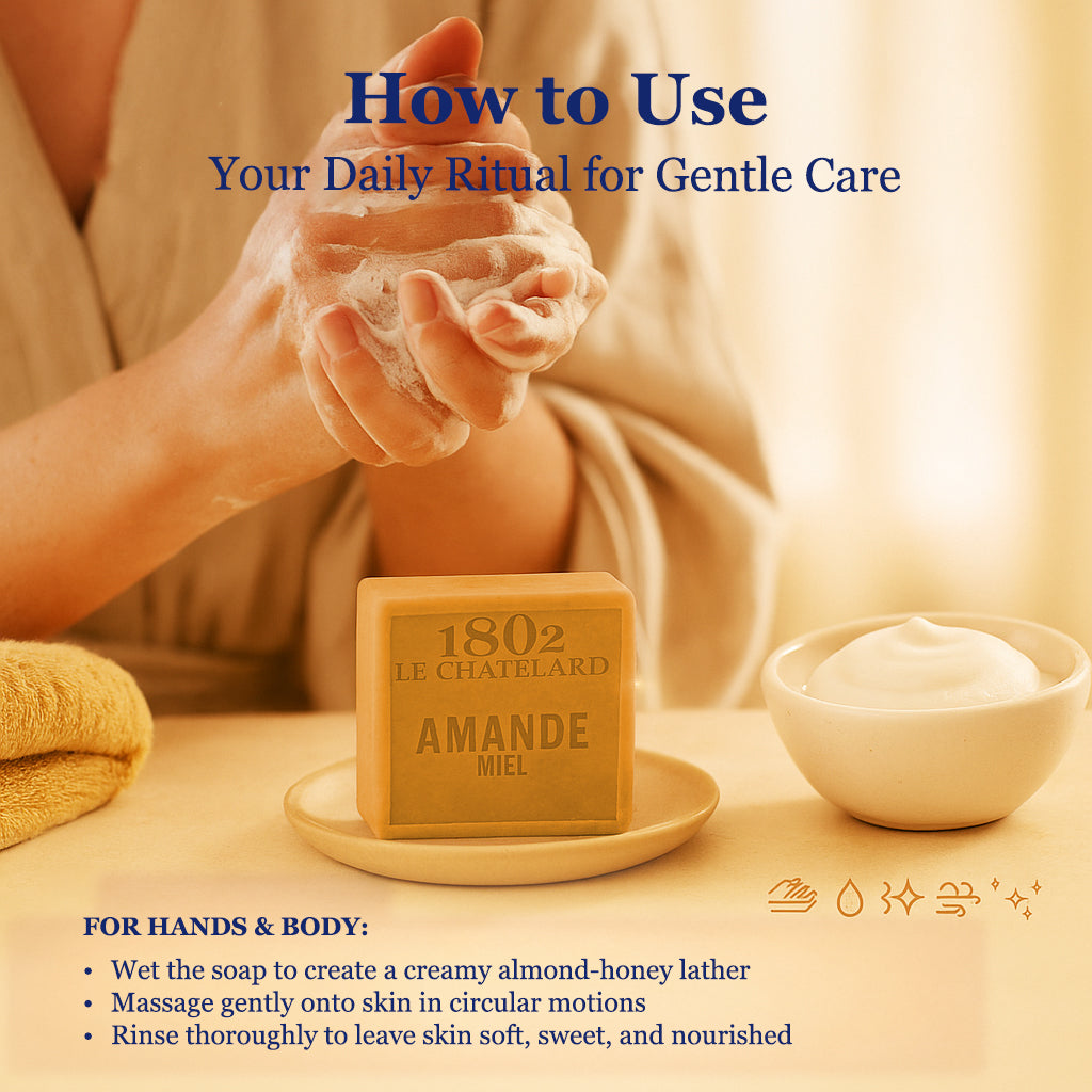 Person holding soap with 1802 Le Chatelard Amande Miel soap and a bowl of cream on a table.