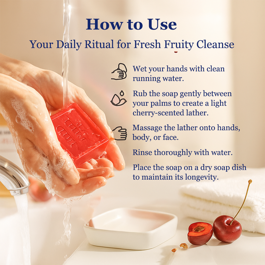 Instructions on how to use a cherry-scented soap with a visual of hands washing with soap and running water.