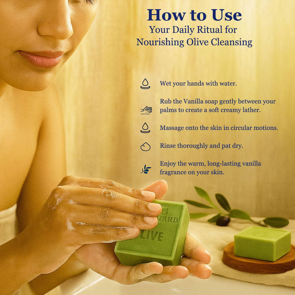 Person holding a green bar of soap with instructions on how to use it for olive cleansing.