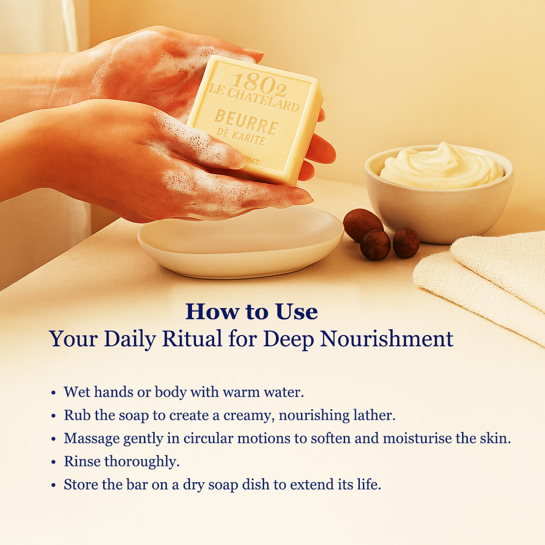 Hand holding a bar of soap with instructions on how to use it for deep nourishment.