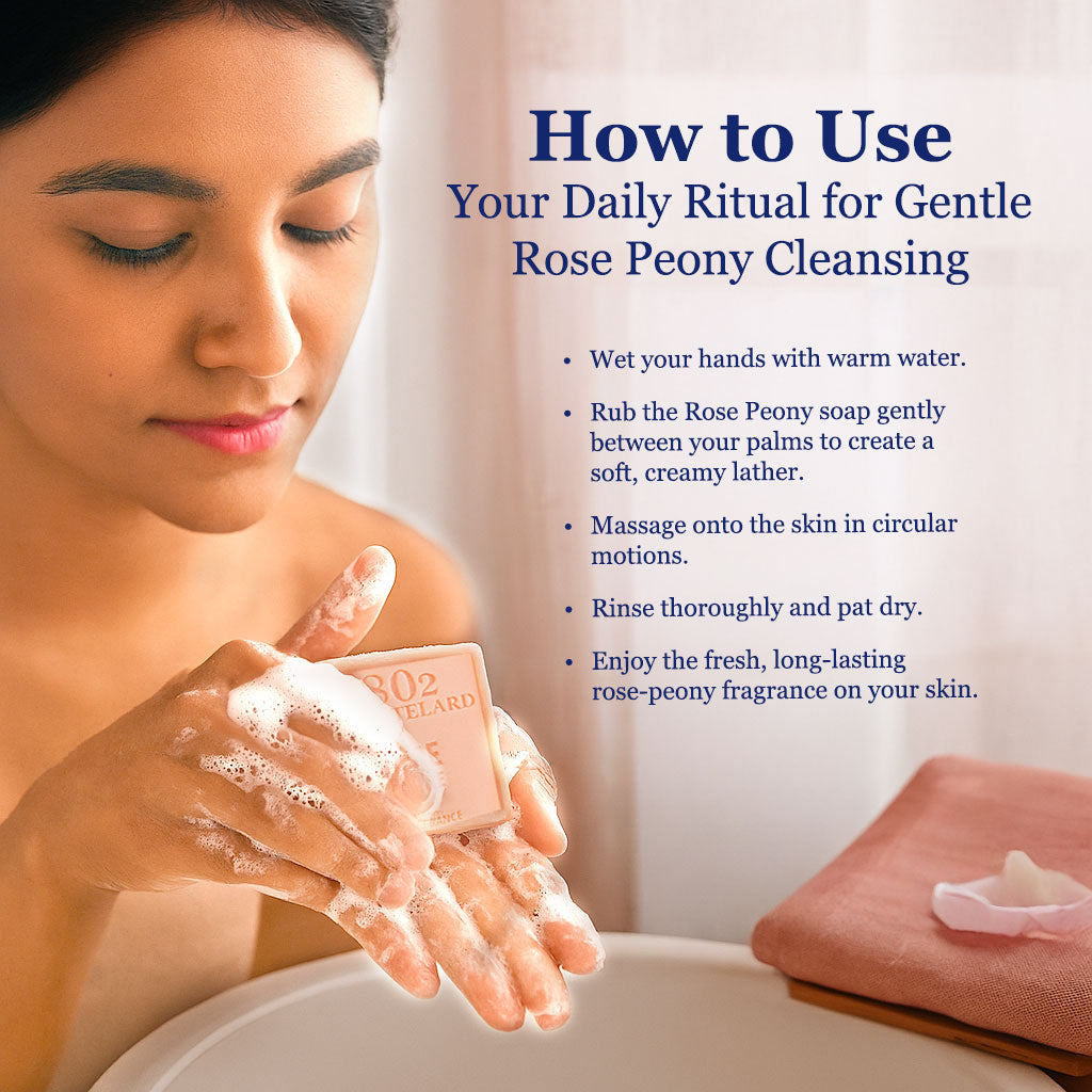 Woman applying soap with text on how to use rose peony cleansing.
