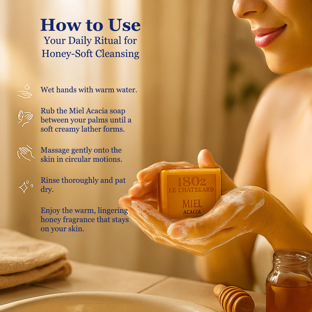 Person using 1802 Le Chatelard Miel Acacia soap with a close-up of the soap bar.