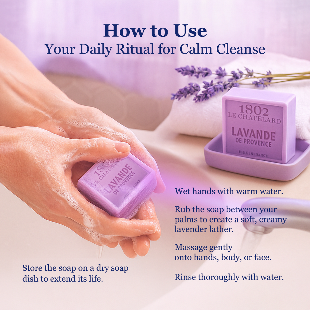 Purple soap bar with instructions on how to use it for a calm cleanse, featuring lavender flowers.