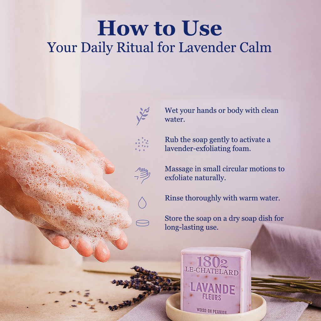 Instructions on how to use lavender soap with a close-up of hands washing and a bar of soap on a wooden surface.