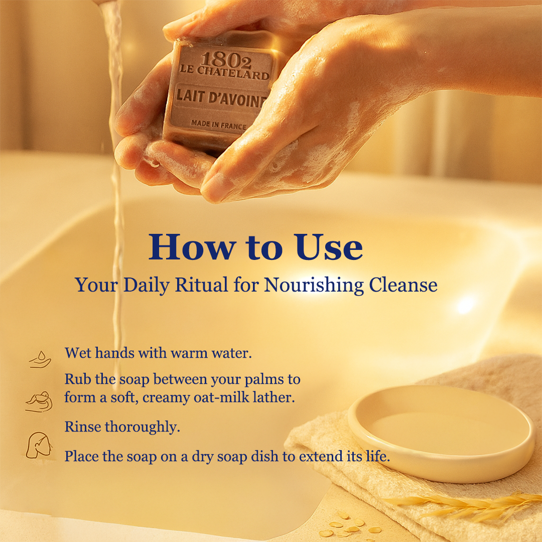 Hands holding a bar of soap with instructions on how to use it, set against a warm-toned background.