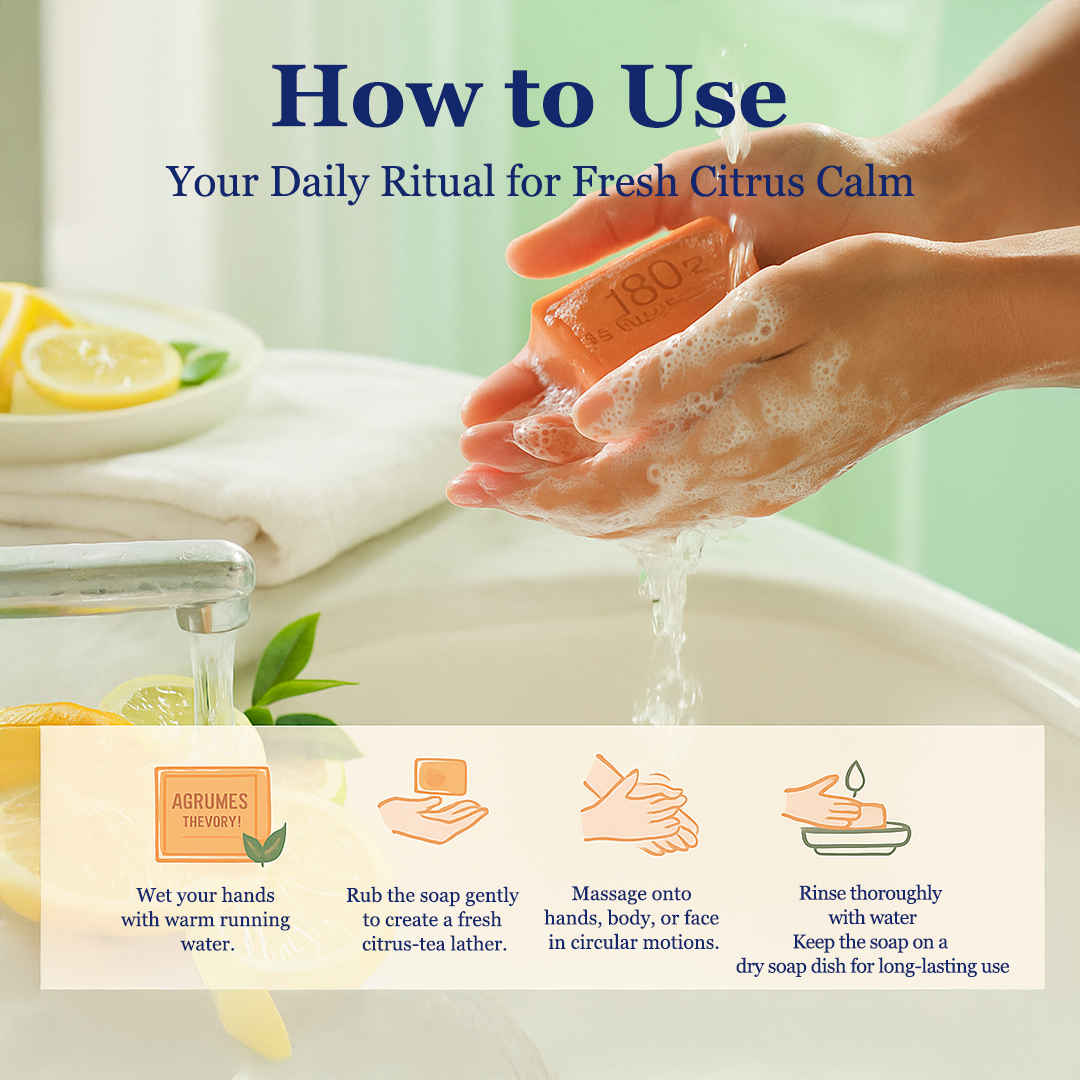 Hands washing with soap and water, surrounded by lemons and a towel, with text on how to use soap for fresh citrus calm.