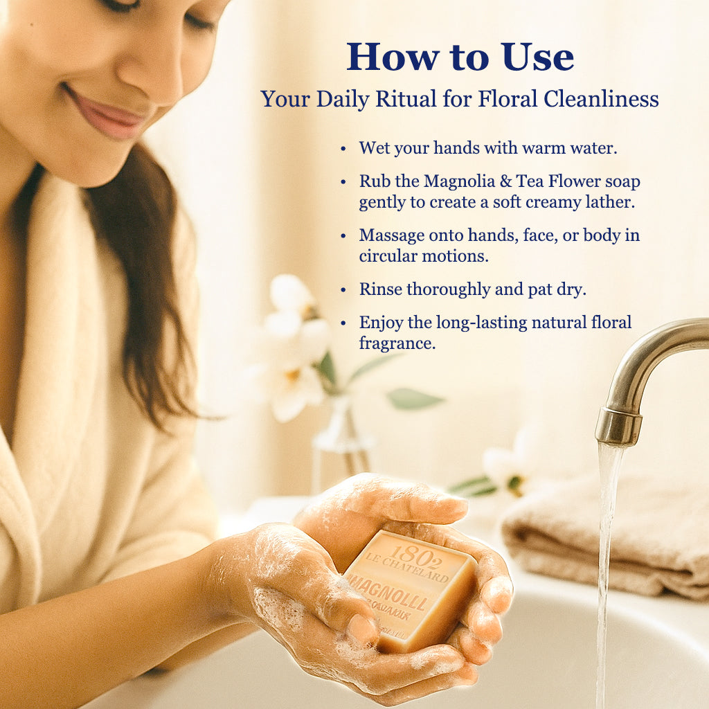 Woman washing hands with soap in a sink, with text on how to use a daily ritual for floral cleanliness.