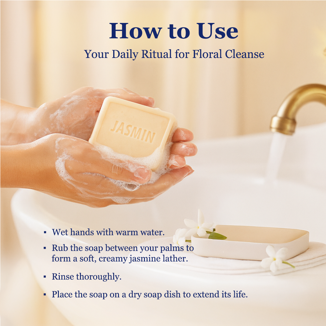 Person holding a bar of soap with instructions on how to use it, set against a bathroom background.