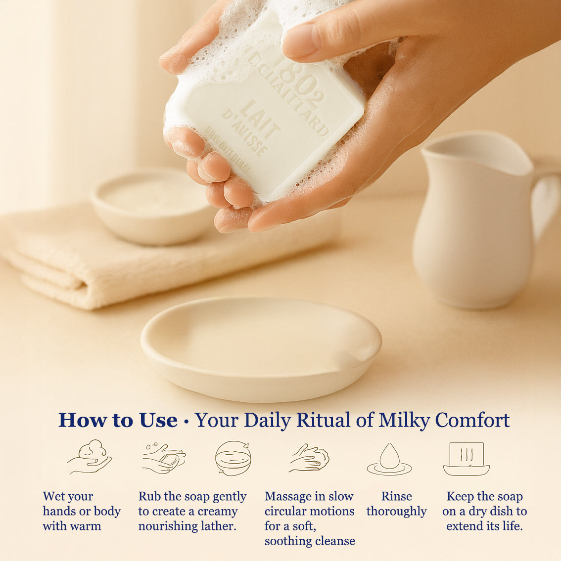 Hand washing a bar of soap with a text overlay on how to use it, set against a neutral background.