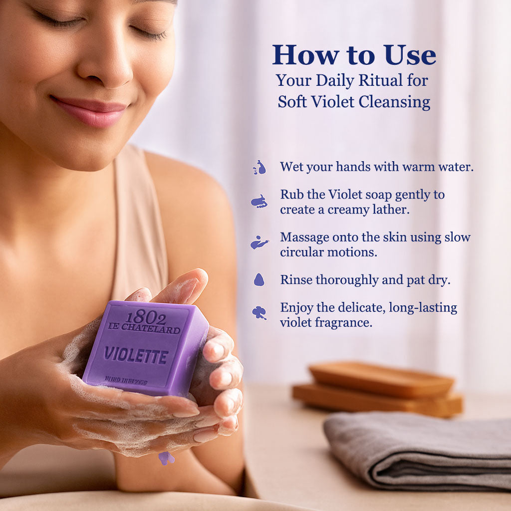 Person holding a bar of 1802 Violette soap with usage instructions on a white background