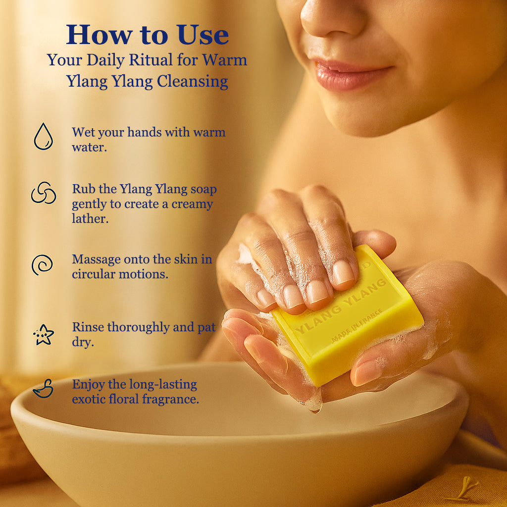 Instructions on how to use Ylang Ylang soap with a close-up of hands holding soap and water.