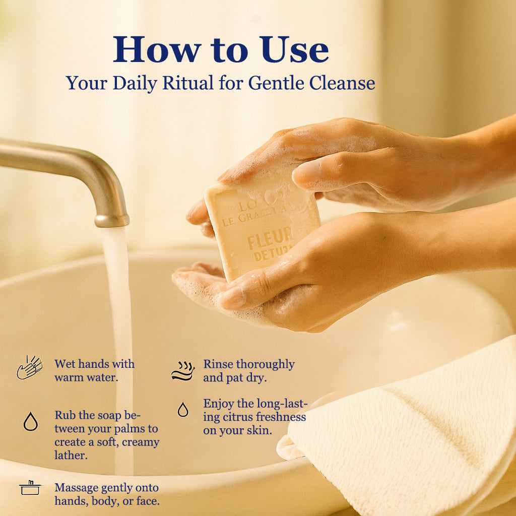 Instructions on how to use soap with a visual of hands holding soap and a towel.