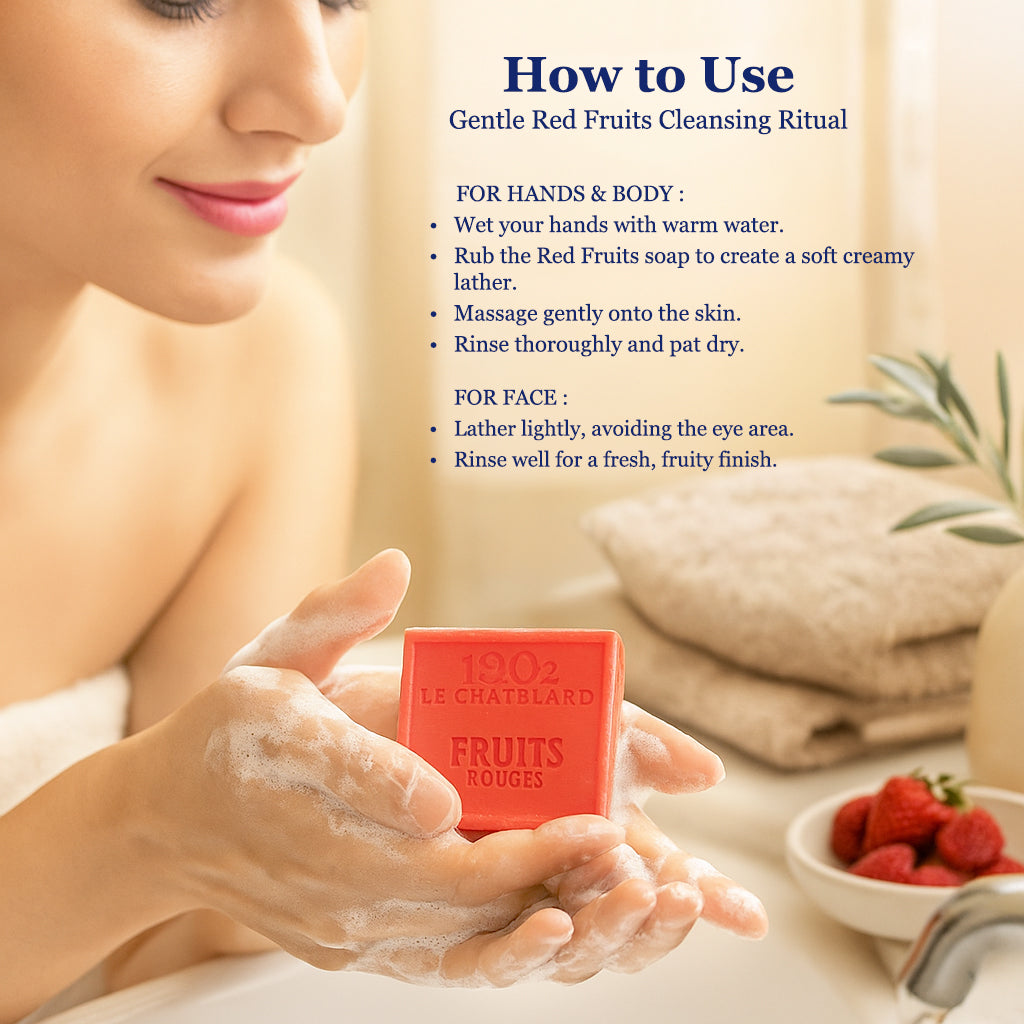 Woman using red soap with text on how to use it, set against a blurred bathroom background.