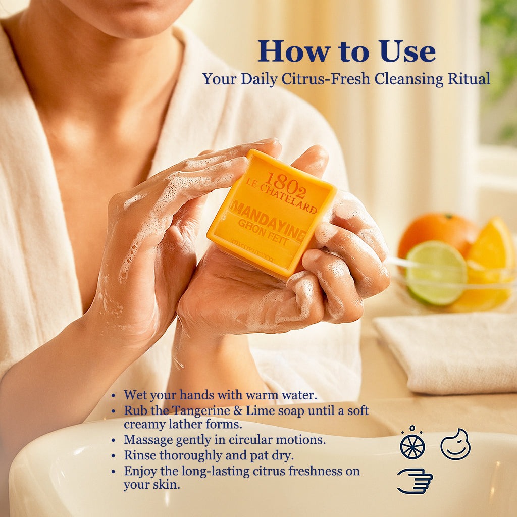 Person holding a bar of soap with text on how to use it, set against a neutral background.