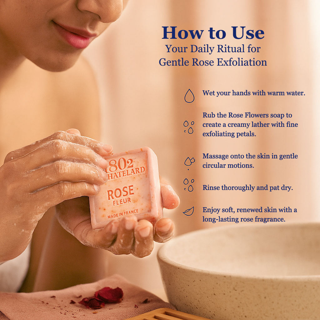 Person holding a bar of soap with text on how to use it for gentle rose exfoliation.