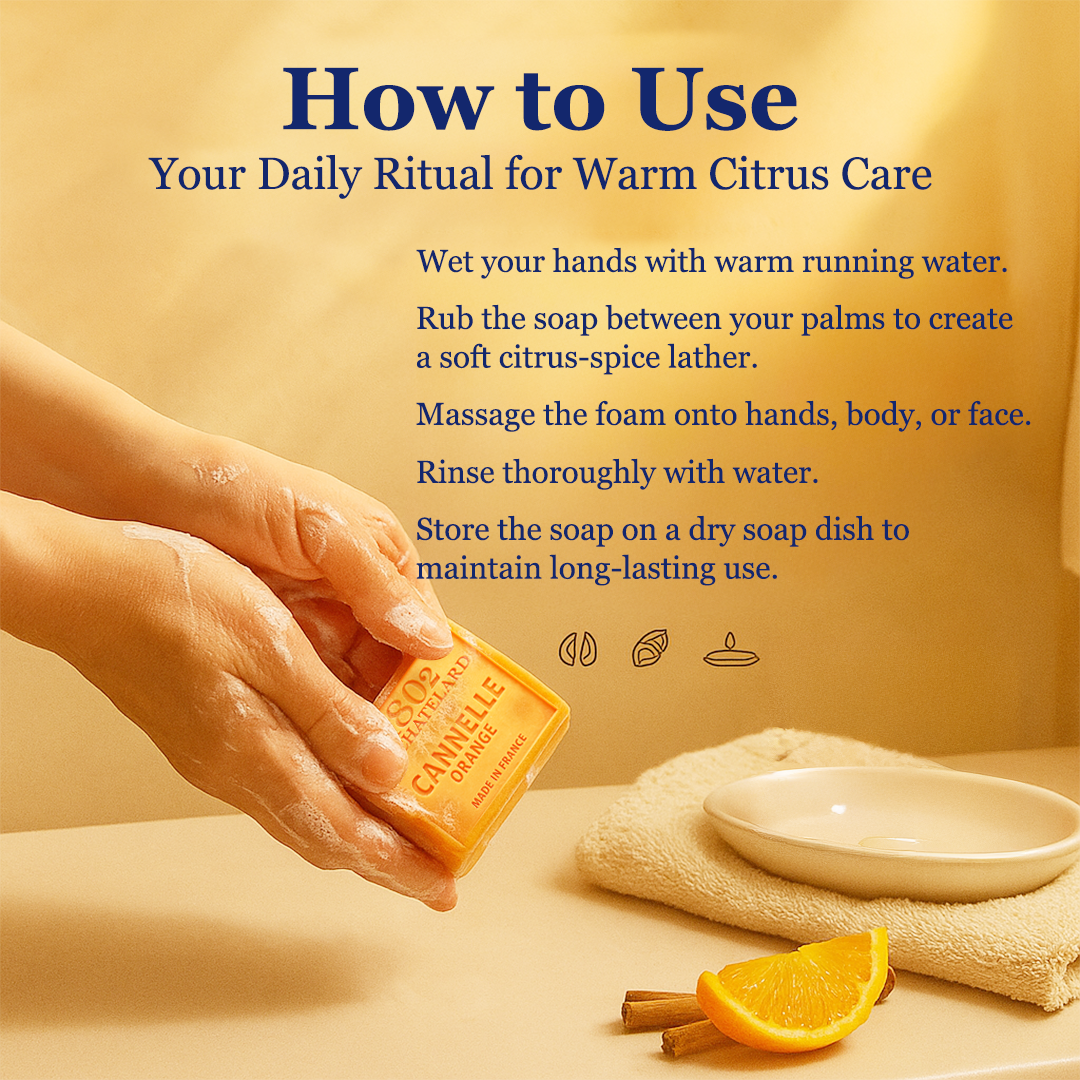 Instructions on how to use a bar of soap with warm citrus care theme.