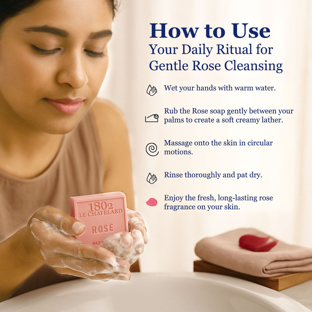 Woman holding a bar of soap with instructions on how to use it for gentle rose cleansing.