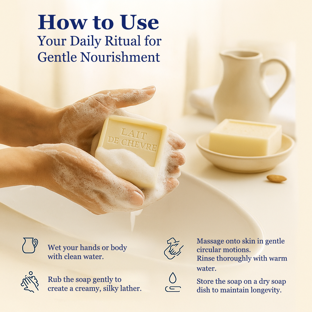 Instructions on how to use soap with a bar of soap and a bowl of water in the background.