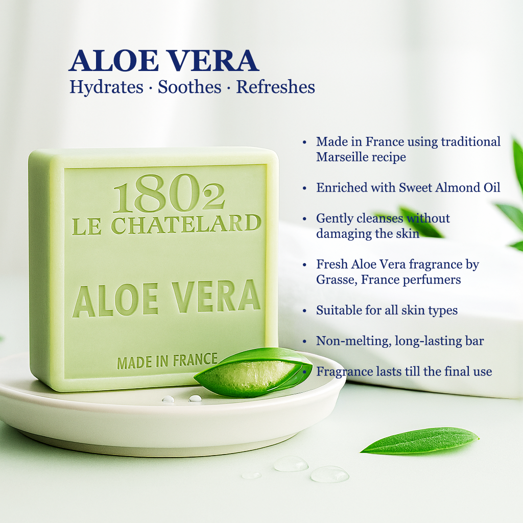 Aloe vera soap bar with branding and product details on a white background