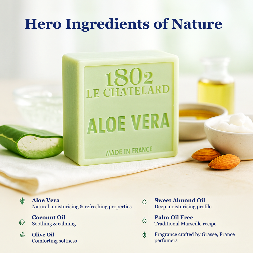 1802 Le Chateillard Aloe Vera soap bar with ingredients listed on a light background