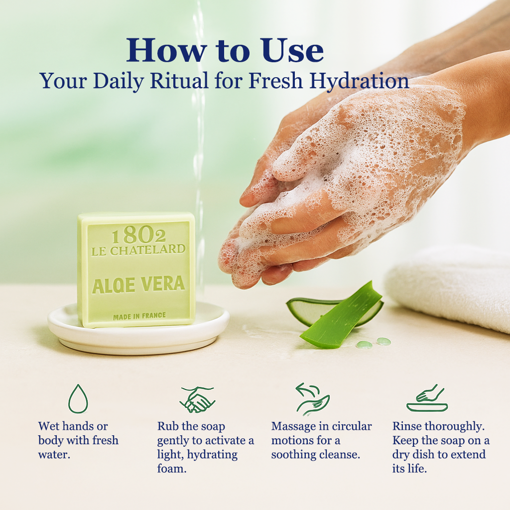 Bar of soap with aloe vera on a white dish, with text on how to use it for fresh hydration.