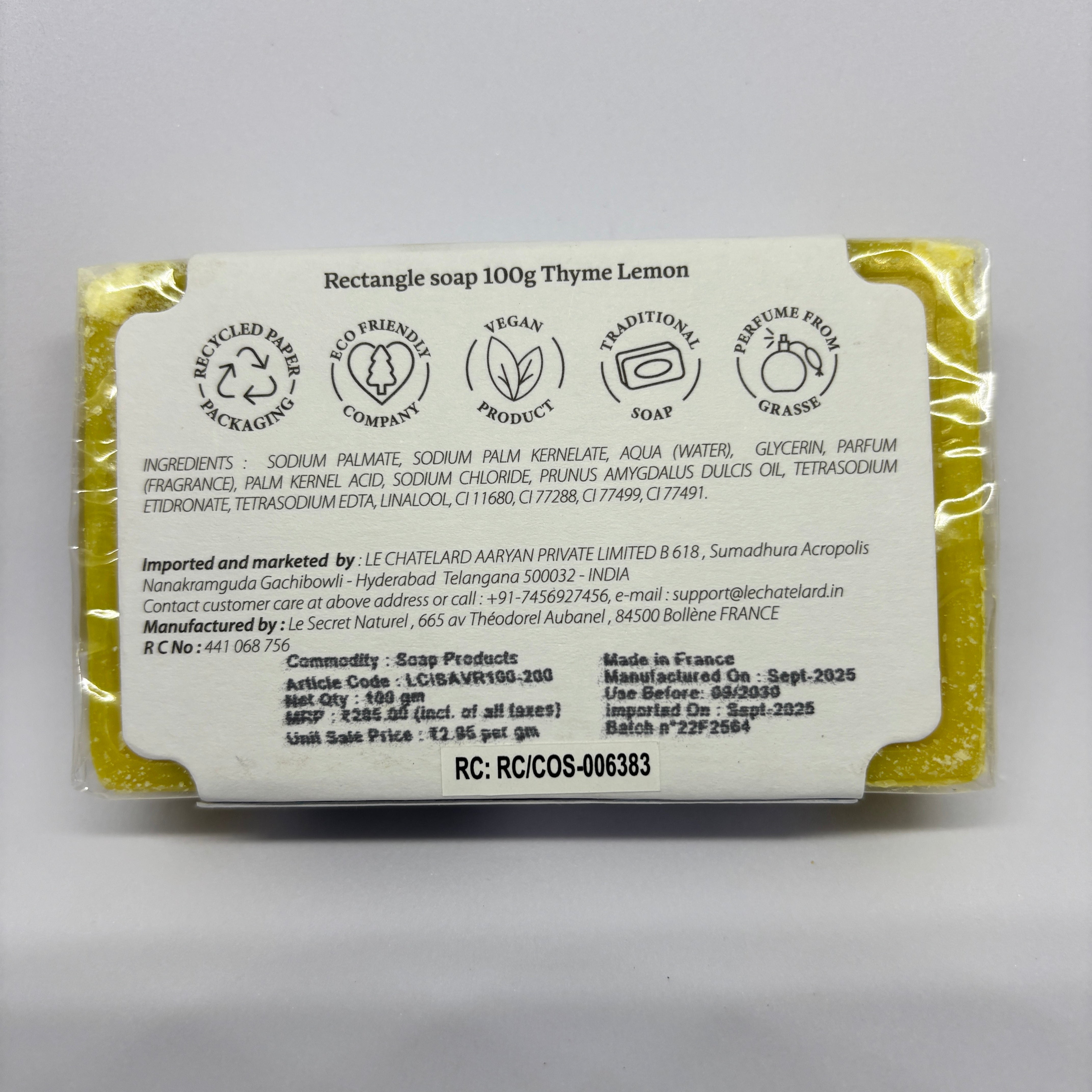 Thyme & Lemon Soap – French Marseille Fresh Citrus Face & Body Bar with Almond Oil | 100g