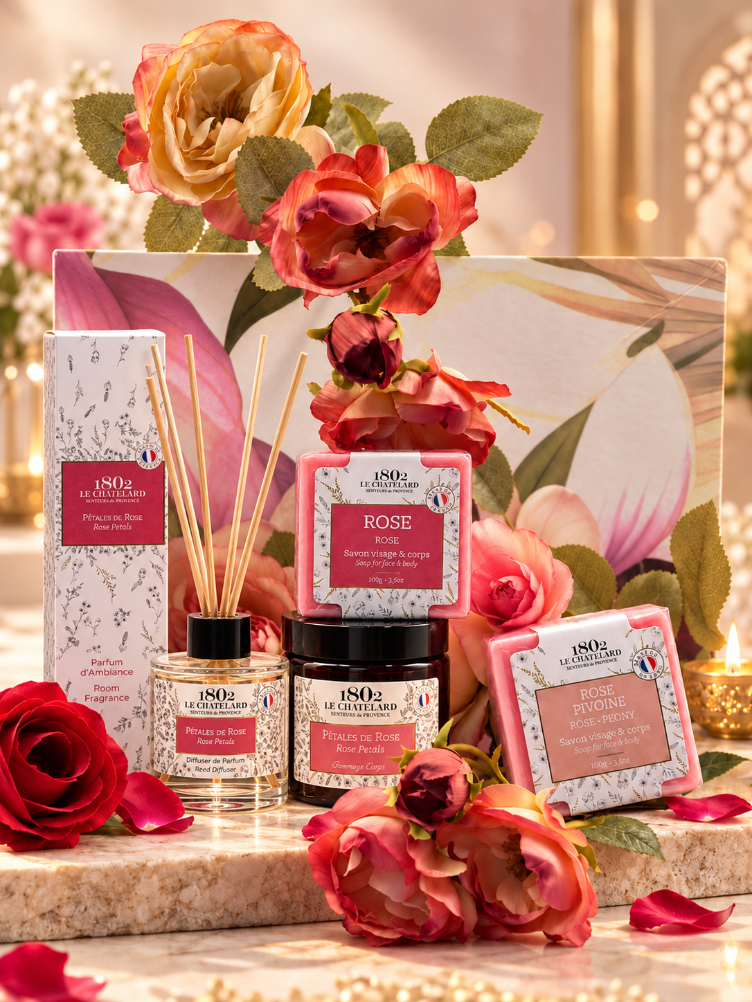 Le Chatelard 1802 Royal Rose Hamper – Rose Reed Diffuser, Candle, Room Spray & Marseille Soap Diwali Hamper | Made in France