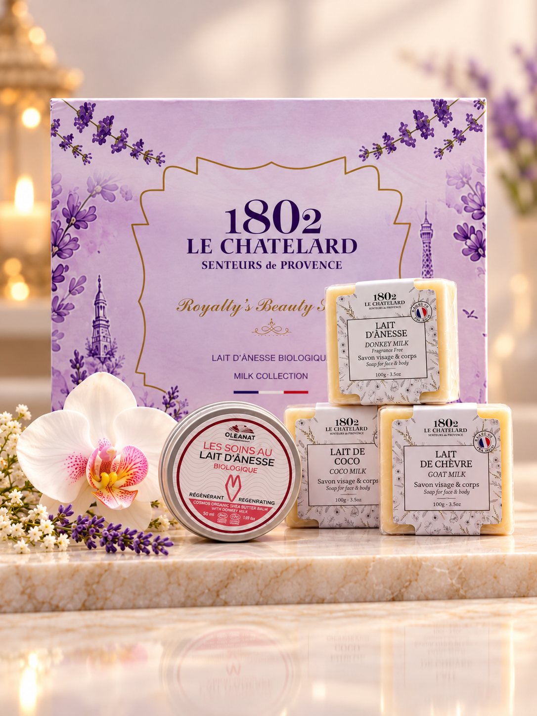 Le Chatelard 1802 Royal Donkey Milk Ritual – Oleanat Donkey Milk Shea Butter Balm & Milk Soap Trio Gift Set | Made in France