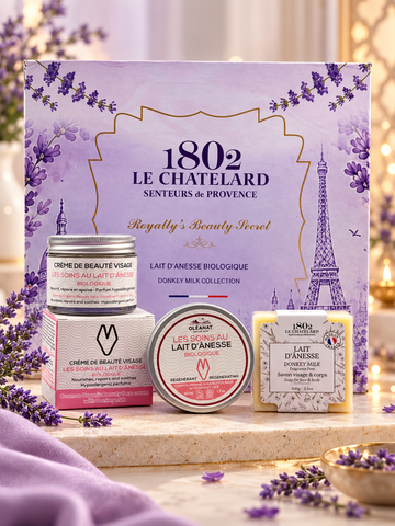 Le Chatelard 1802 Maharani Donkey Milk Luxe – Oleanat Donkey Milk Face Cream, Shea Butter Balm & Marseille Soap Gift Set | Made in France