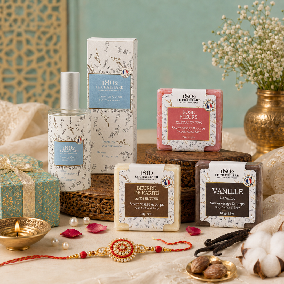 Le Chatelard 1802 Ghar Ki Khushboo Rakhi Gift Combo – Cotton Flower Room Fragrance Spray with Rose Flowers, Shea Butter & Vanilla French Soaps | Made in France Le Chatelard