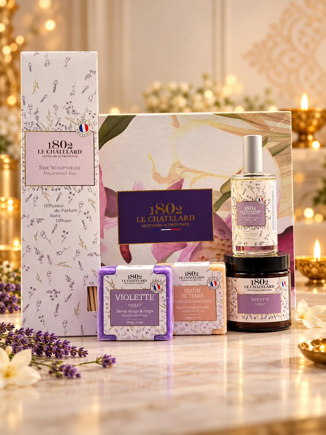 Le Chatelard 1802 Raat Rani Floral Soirée – Violet Pillow Mist, Candle, Reed Diffuser & Marseille Soap Diwali Hamper | Made in France