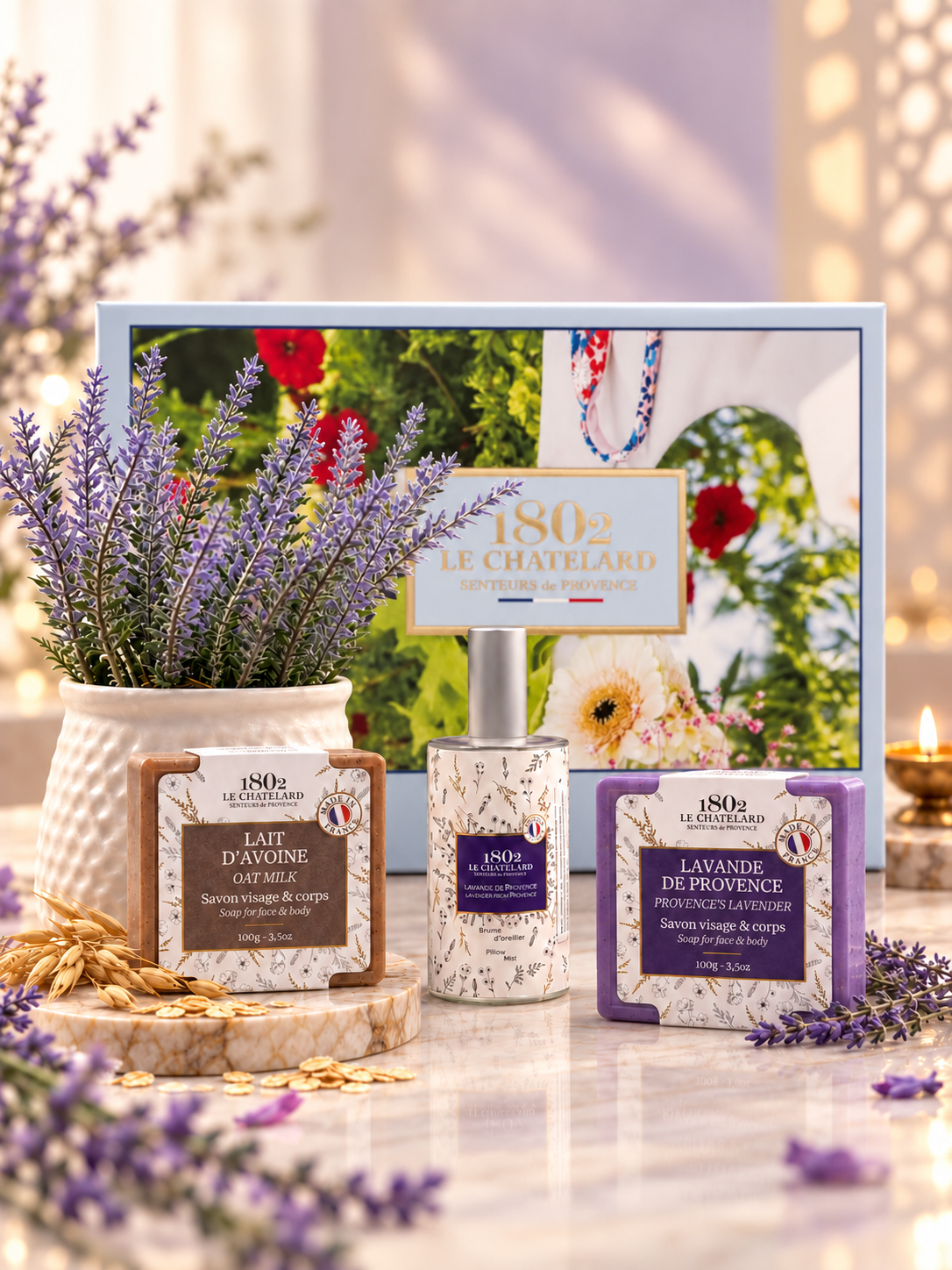Le Chatelard 1802 Shanti Sleep Ritual – Lavender Pillow Mist & Marseille Soap Diwali Gift Set | Made in France