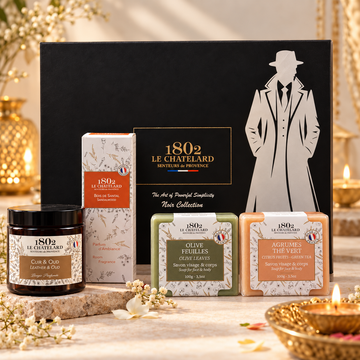Le Chatelard 1802 The Gentleman's Diwali – Leather & Oud Candle, Sandalwood Room Spray & Marseille Soap Gift Set for Men | Made in France