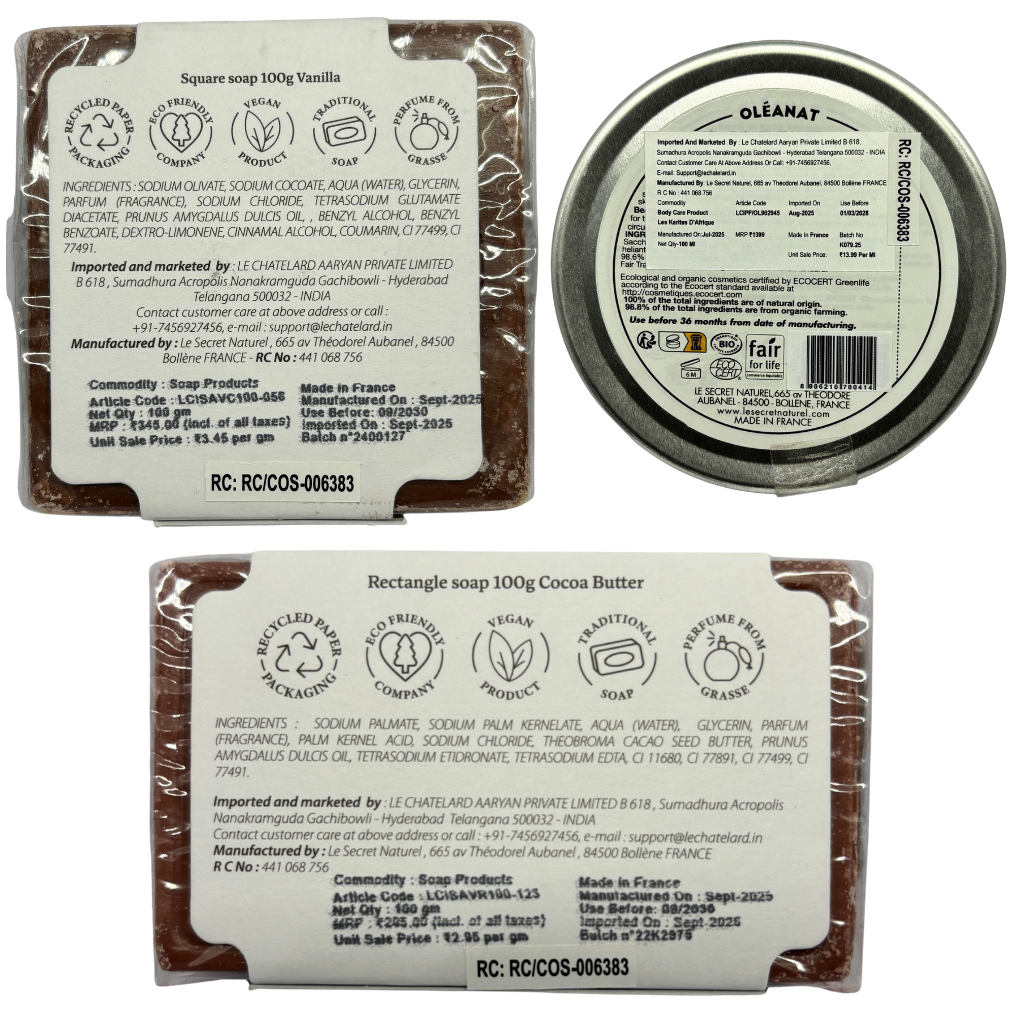 Le Chatelard Vanilla French Nourishment Combo | Oleanat Vanilla Shea Butter Balm, Cocoa Butter Soap & Vanilla Soap Gift Set / Made In France