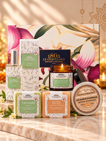 Le Chatelard 1802 Verbena Fresh Start Hamper – Oleanat Extra Pure Shea Butter, Verbena Room Spray, Candle & Marseille Soap | Made in France