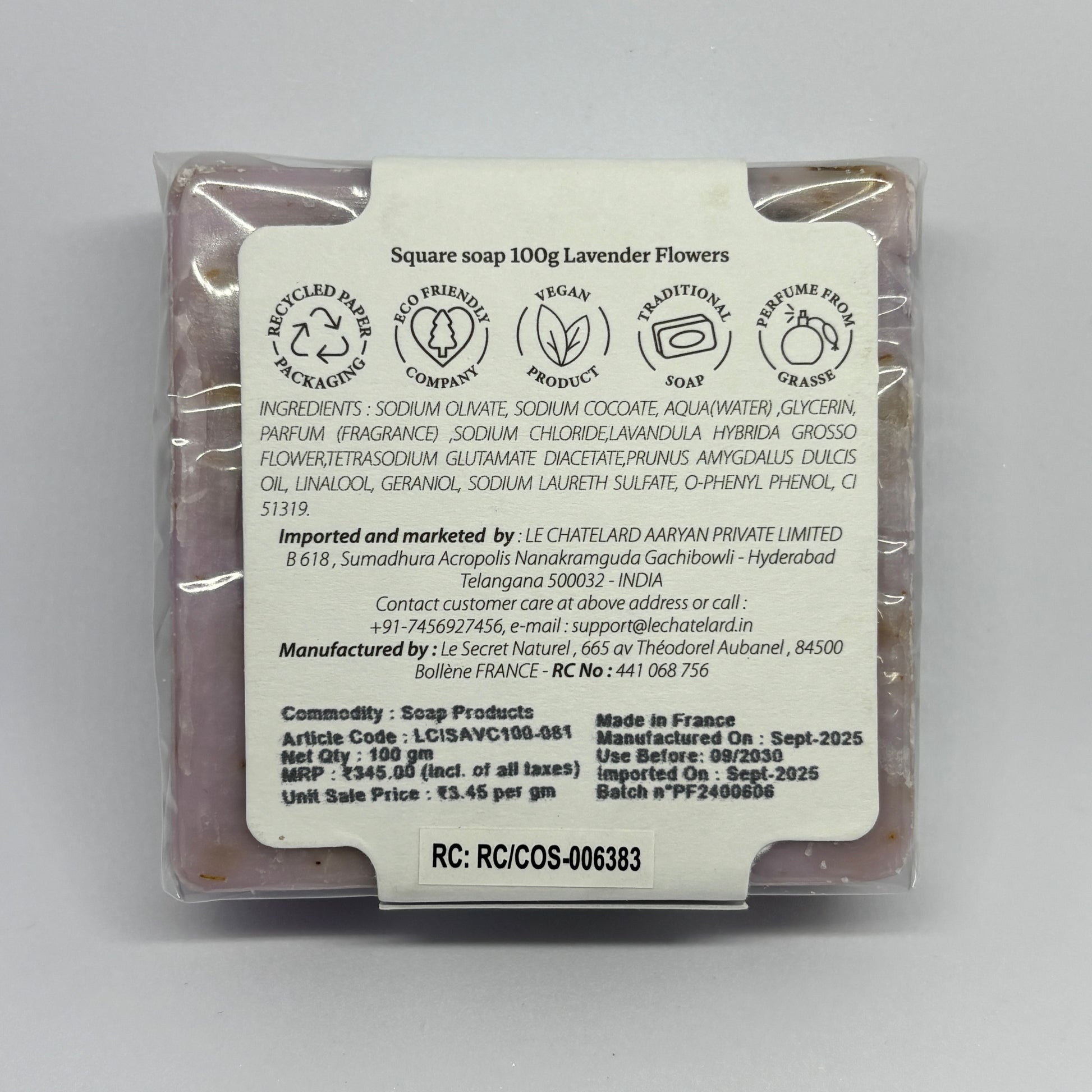 Packaged soap with label on a gray background