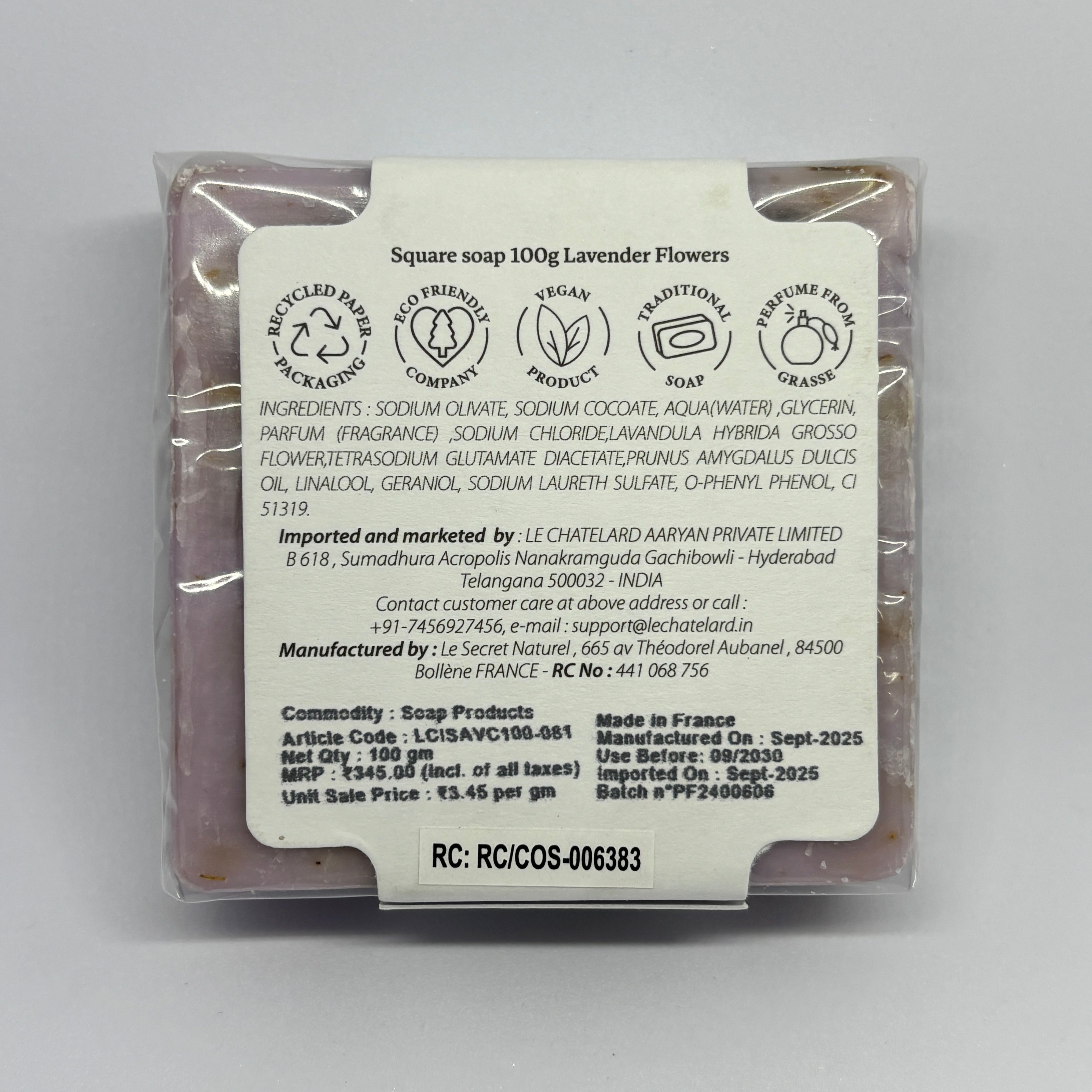 Packaged soap with label on a gray background