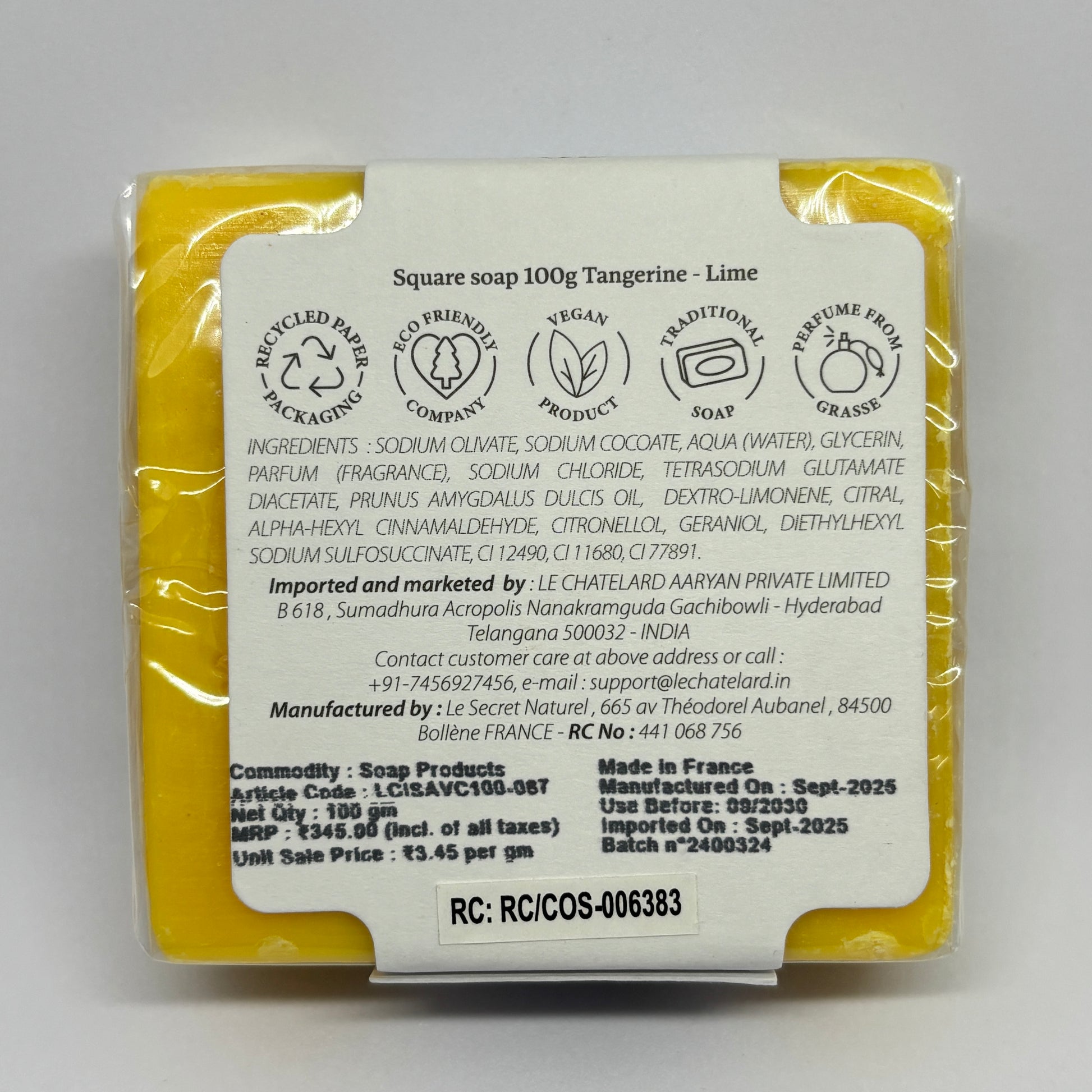 Packaged soap with a label on a white background