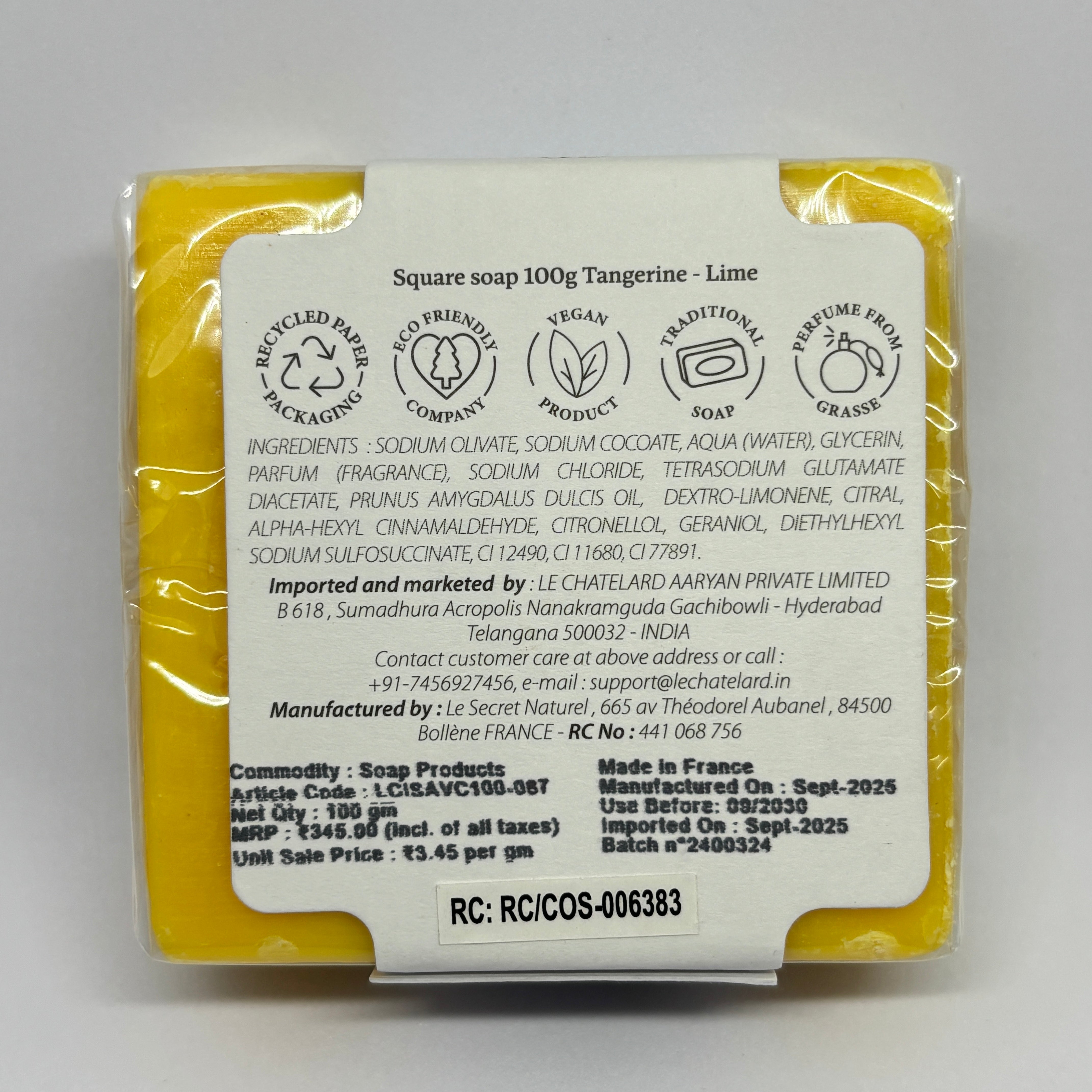 Packaged soap with a label on a white background