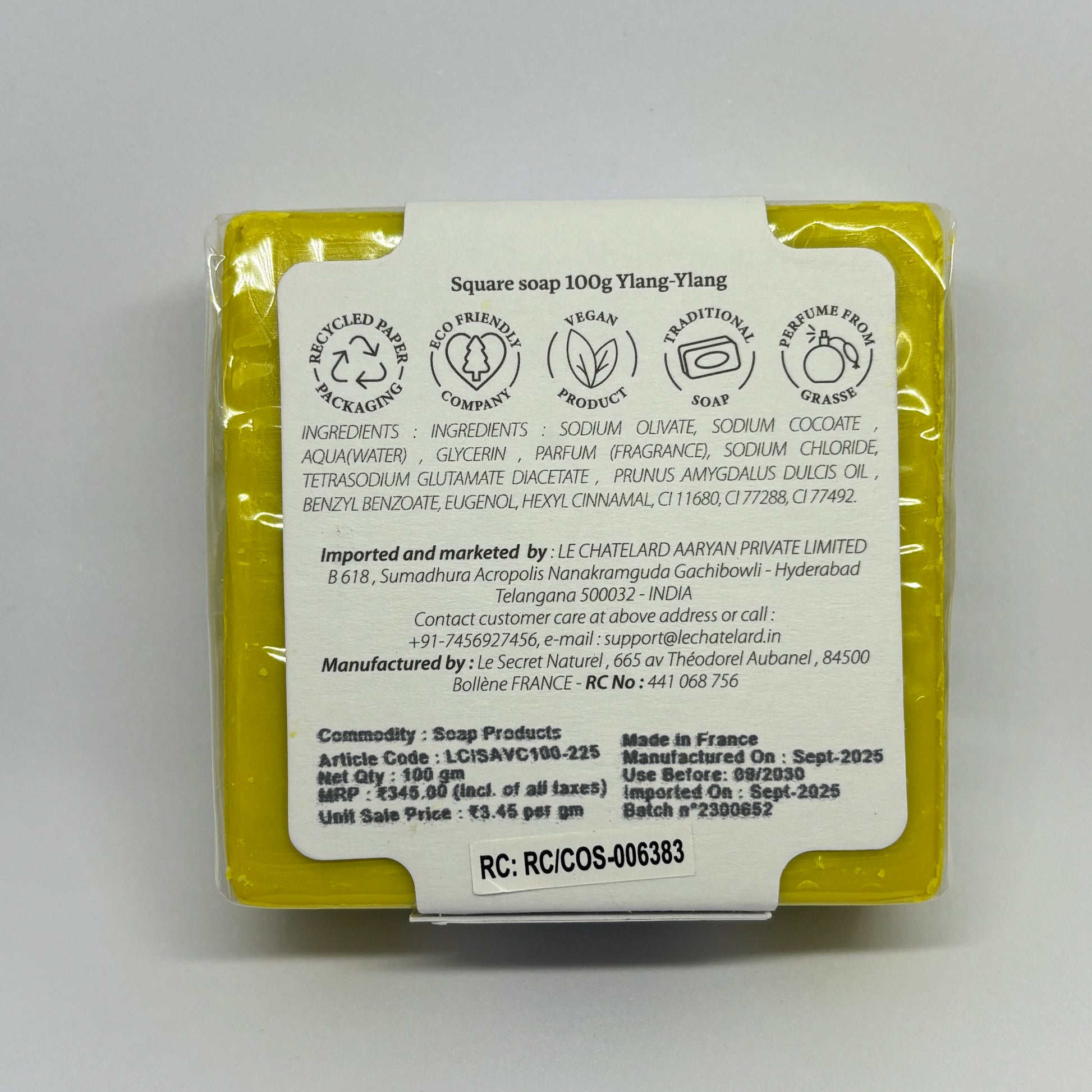 Square soap with label on a gray background