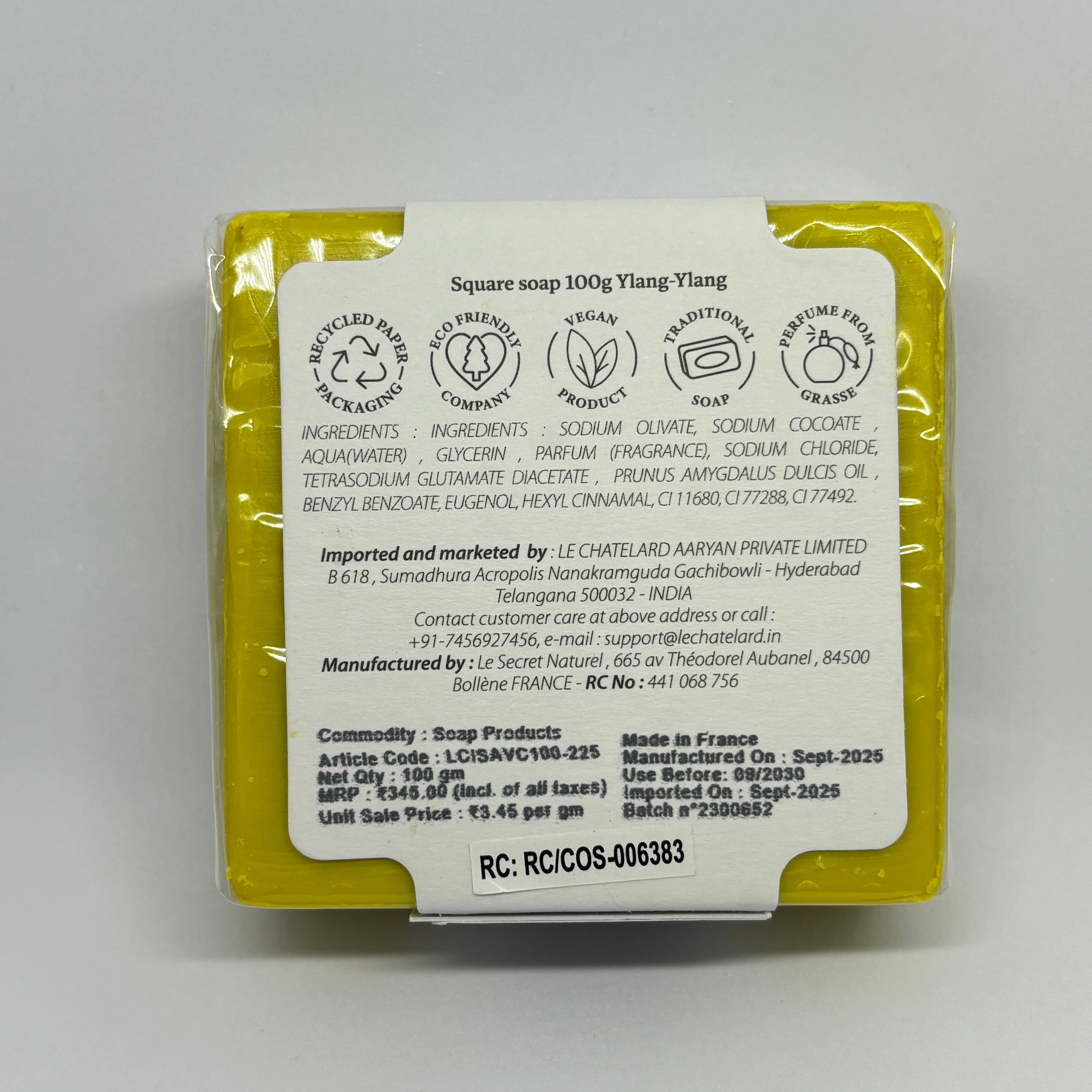 Square soap with label on a gray background