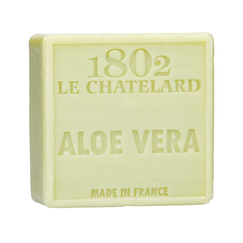 Bar of soap with '1802 Le Chatelard' branding and 'Aloe Vera' label on a white background