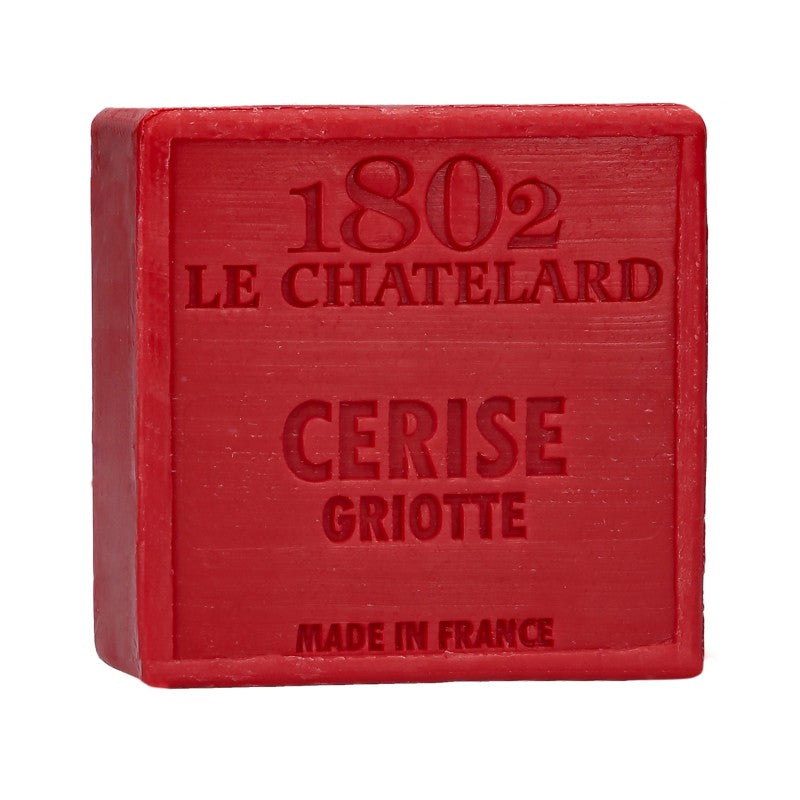 Red soap bar with '1802 Le Chatelard Cerise Griotte' text on a white background