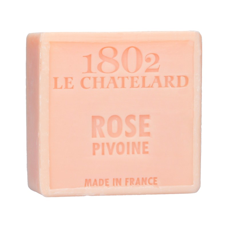 Le Chatelard 1802 soap packaging with rose peony design on a white background
