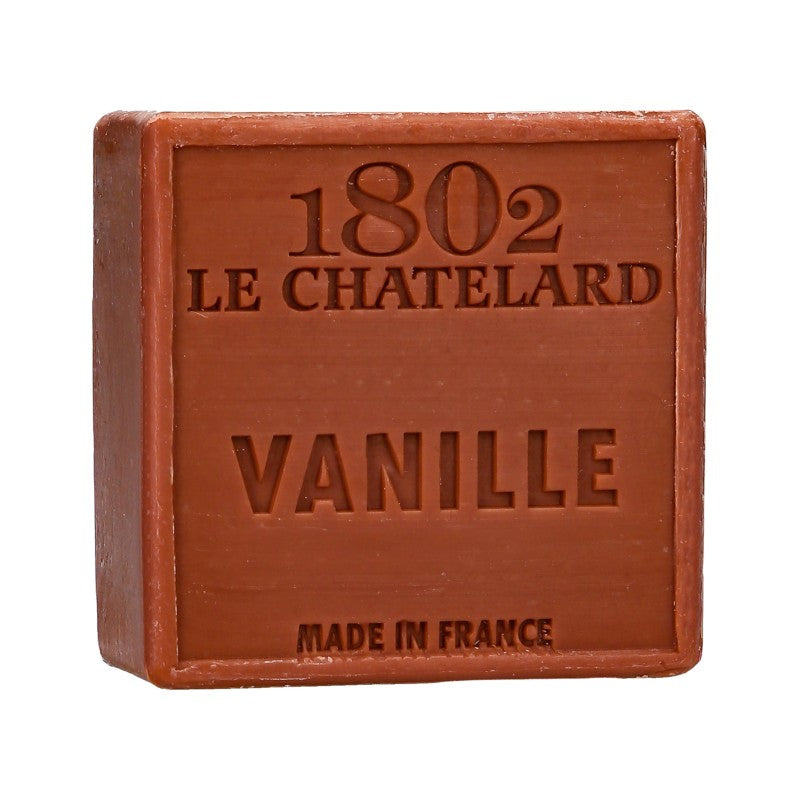 Bar of soap with '1802 Le Chatelard Vanille Made in France' text on a white background
